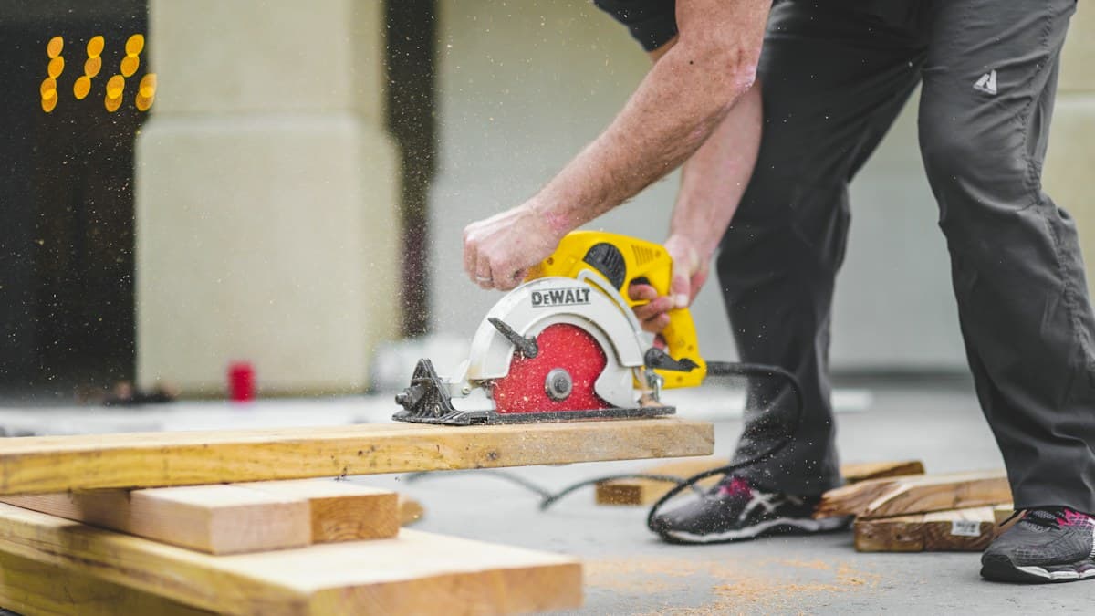 Construction professional cutting material with a circular saw