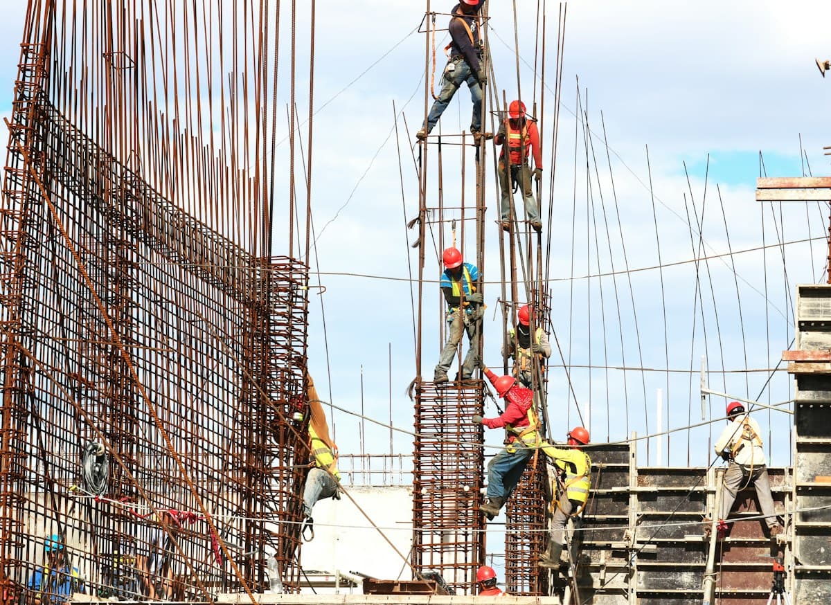 Steel reinforcement installation at a construction site